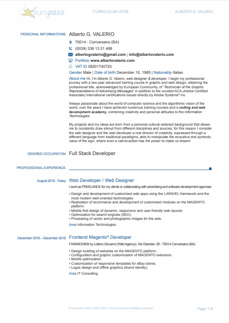 Alberto G. Valerio Web Developer Freelance Curriculum Vitae Preview